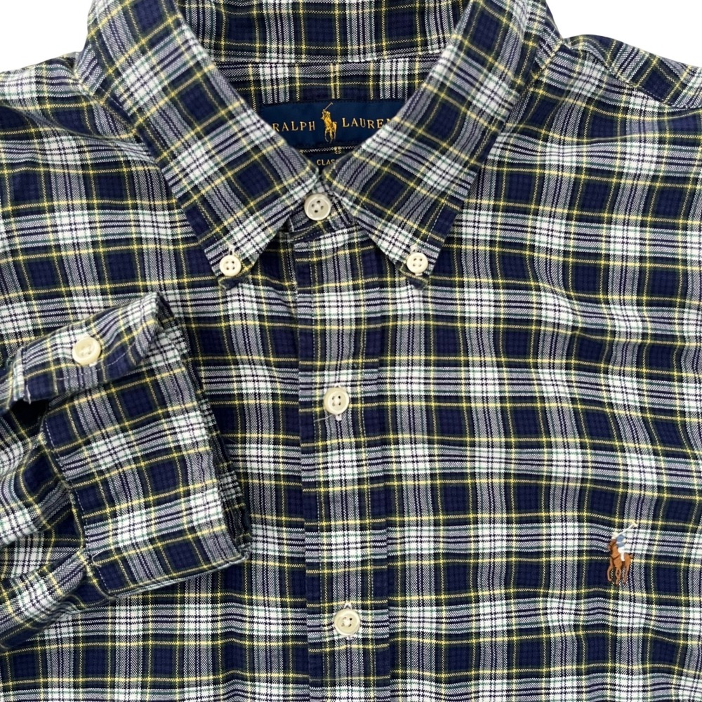 Ralph Lauren Button Down Long Sleeve Navy Green Plaid Flesh‎ Pony XL Classic Fit